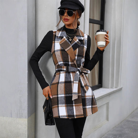 Casual Sleeveless Waist-controlled Lace-up Vest Plaid Coat