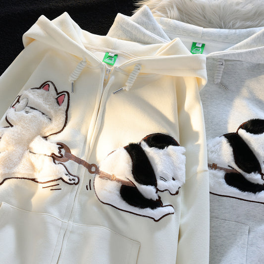 Cartoon Cat Zipper Sweater For Women